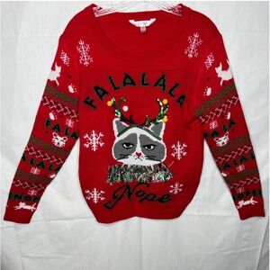 No Boundaries Womens Ugly Christmas Sweater Grumpy Cat "Nope" Red L/G 11-13